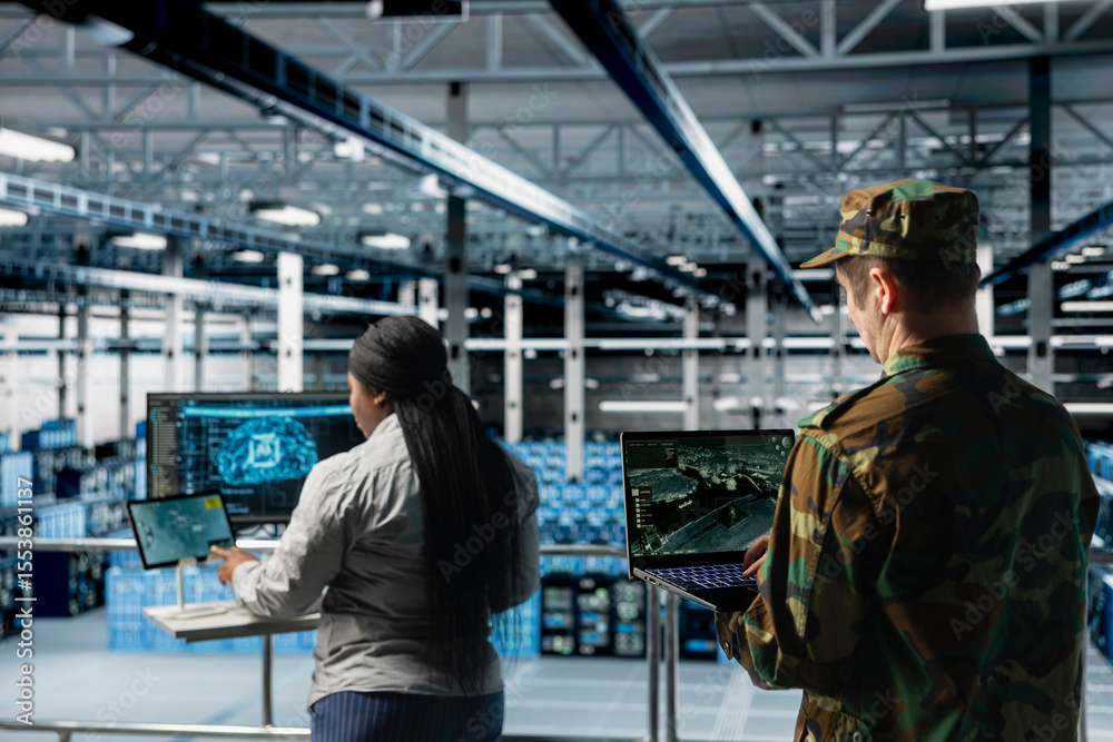 Poster military units in server room flagging unusual movement using machine learning detection tools. team