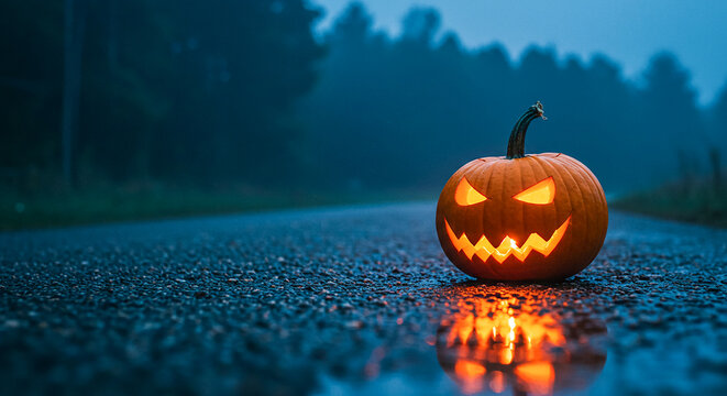 Glowing jack o lantern pumpkin sits on wet road at dusk