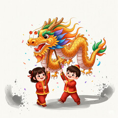Naklejka premium Festive Chinese Dragon Dance with Kids in Traditional Attire, Perfect for Lunar New Year Decor