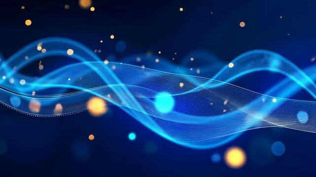 Abstract Value, Quantum Computing, Energy Flow. Digital Waveform. Waves pulse with rhythmic data. Light particles enhance signal speed. Network dynamics foster global connectivity.
