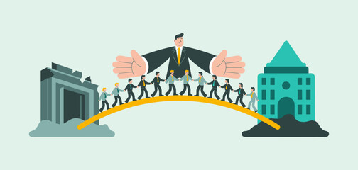 Obraz premium leader creating a bridge for a team to transition between old and new buildings, vector illustration for change management, strategic transition and organizational development 