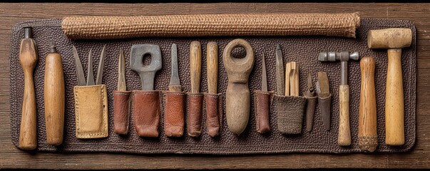 At the shoemaker's workplace, a variety of tools and leather are meticulously organized on a wooden background, illustrating the art of shoe-making