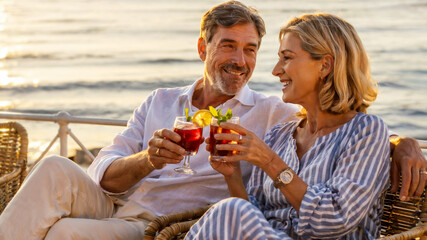 An elegant older couple sitting at a seaside restaurant at sunset, holding red sangria, smiling in warm light, calm ocean behind, concept of romantic dining and tourism