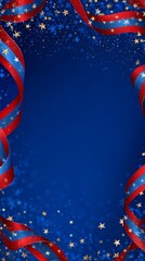 Bright Red and Blue Ribbons With Golden Stars Against a Blue Background for Festive Occasions