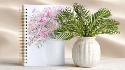 Clean pastel workspace featuring a high-quality laptop mockup with pink dunes and greenery. Ideal for creative branding, banners, or digital content visuals.