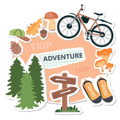 Travel collage elements set with bike, pine forest, mushrooms, pine cone, acorn, oak leaf, sneakers, cap, wooden sign with arrows. Cartoon objects with paper cut shapes. Vector designs for banners
