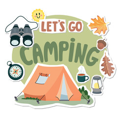 Let's go camping collage elements set with tent, binoculars, compass, mug with hot drink, oak and maple leaves, acorn, smile. Travel cartoon objects with paper cut shapes. Vector designs for banner.