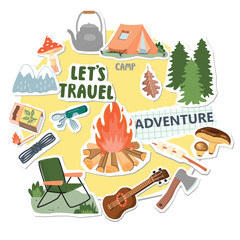 Camping collage elements set with campfire, tent, mushrooms, chair, pine forest, oak leaf, matches, axe, marshmallow, folding knife, guitar,mountains. Vector cartoon objects with paper cut shapes.
