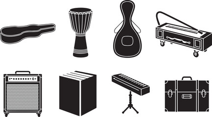 Black silhouette musical instruments and cases on white background vector