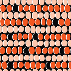 Hand drawn round shapes seamless pattern. Jagged ovals of orange, pink, white colors on black background. Abstract texture for printing on fabric and paper. Vector design for textile, wallpaper, cover