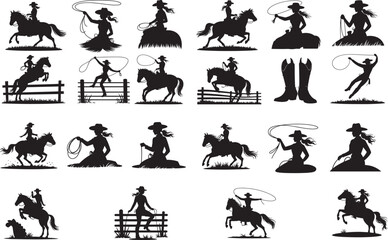 Black silhouette vector illustrations of women riding horses and lassoing cowboy cowgirl