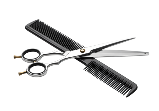 Hairdressing Tools Professional Scissors and Comb isolated on transparent background