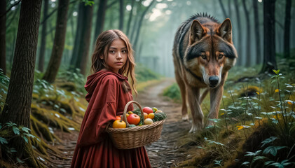 Little Red Riding Hood walking with a basket of groceries along a path in a mysterious magical forest, in the background an evil wolf is chasing a girl.