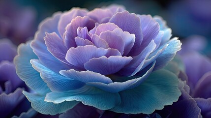 Close-up of a vibrant, detailed flower with layered, pastel shades of blue and purple.