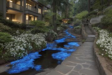 A glowing mushroom path illuminates an enchanting forest night scene of mystical nature