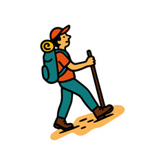 Fototapeta premium Man with backpack and trekking pole is hiking uphill. He wears a cap, shirt, pants, and boots. The scene is an isolated, hand drawn vector style