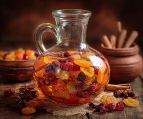 Sweet cool compote made from various dried fruits, in a glass decanter.