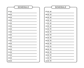 Two schedule templates are presented. One is in digital time format and the other is in analog time format. Each is organized to help with daily planning