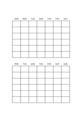 Two weekly calendars are displayed, one begins on Sunday and the other on Monday. Both calendars have blank grids for planning or scheduling