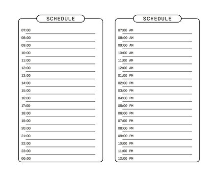Two schedule templates are presented. One is in digital time format and the other is in analog time format. Each is organized to help with daily planning