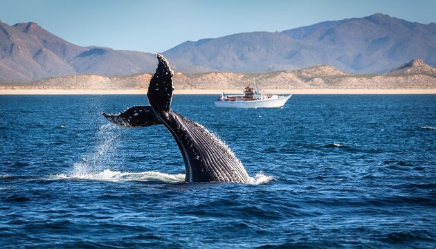 humpback whale breaching in front of whale watching boat in todos santos pacific ocean baja california sur mexico