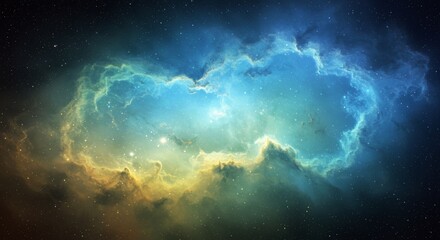 Fototapeta premium Vibrant Cosmic Nebula with Blue, Green, and Yellow Hues, Abstract Sky Art
