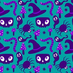 Seamless Halloween skulls and spider pattern for wallpaper and fabrics and textiles and packaging and linens