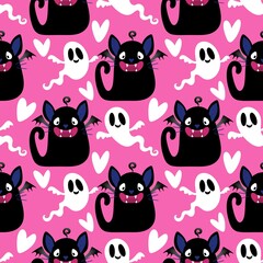 Halloween animals seamless cats pattern for wrapping paper