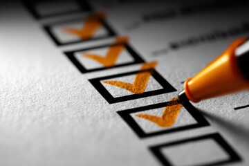 Marking an orange box on a checklist with a pen symbolizes the checklist concept
