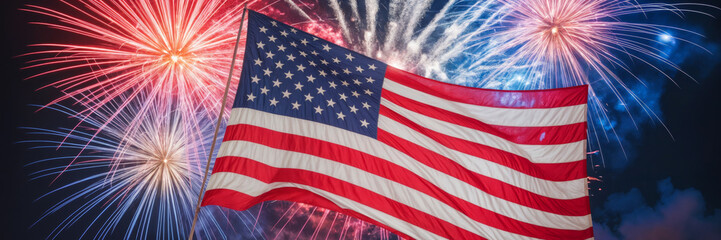 Fireworks display with the American flag waving in front, celebrating a festive atmosphere on the national holiday of the USA. 4th of july Background