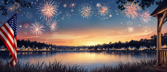 A serene lakeside scene with fireworks lighting up the sky above, an American flag waving in front of the houses along the shore, a sense of celebration, 4th of july Background.