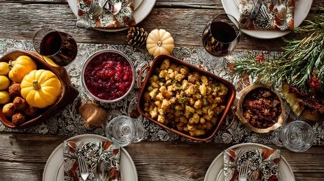 Top-down view of a rustic Thanksgiving dinner table with stuffing, cranberry sauce, and mini pumpkins. Festive holiday flat lay with a patterned table runner and red wine.

