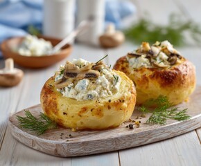 Baked potato roll with cottage cheese, garlic and mushroom filling