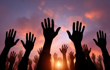 The business team is silhouetted in the sunset sky, their hands raised high above their heads in a gesture of triumph