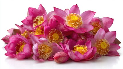 Close-up of a cluster of pink lotus blossoms.