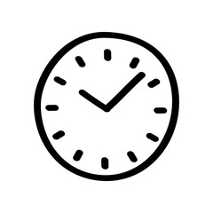 A hand drawn doodle of a clock is presented. The vector graphic shows the time with thick black lines for the outline and pointers