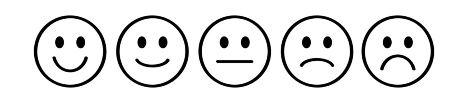 Five emoji faces, line art style. Happy, neutral, then sad