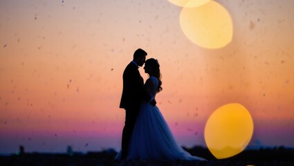 Captivating Silhouette of a Couple Embracing Against a Stunning Sunset Background with Soft Bokeh Highlights from Glittering Lights in the Atmosphere