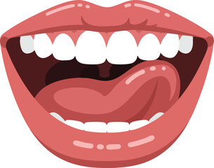 Naklejka premium Open mouth with tongue licking lips vector illustration showing teeth and pink lips in close up view 