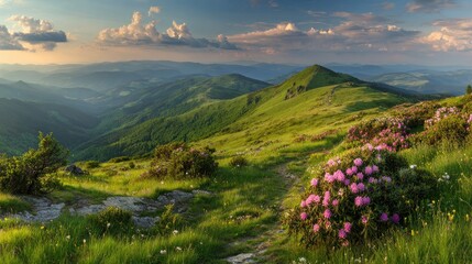 Obraz premium Lush mountain landscape with blooming flowers at sunrise.
