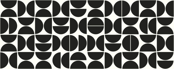 Abstract bauhaus seamless pattern. Half circle shapes background. Monochrome geometric simple art design. Black texture in bauhaus style. Vintage mosaic seamless pattern. Vector illustration.