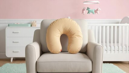 Nursing pillow on armchair in pastel nursery, World Breastfeeding Week, maternal comfort and support