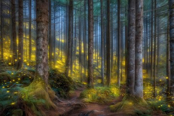 Fototapeta premium Foggy artistic forest tree in a fairytale landscape with abstract fireflies and a predominant scary dark orange red color