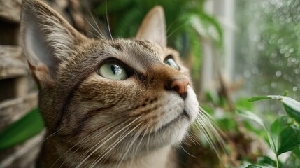 Obraz premium A close-up of a curious cat gazing thoughtfully, surrounded by lush green plants and a rainy backdrop.