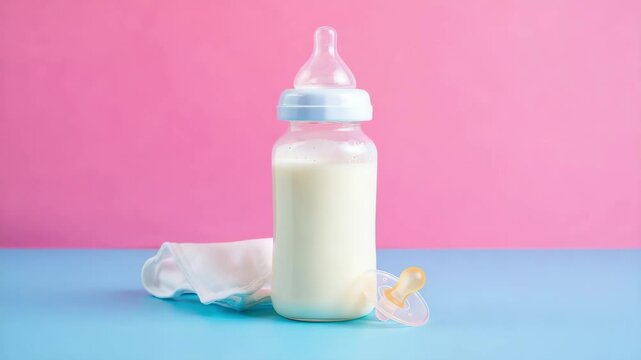 Baby feeding bottle with pacifier and burp cloth on pastel background, infant feeding essentials, childcare product display