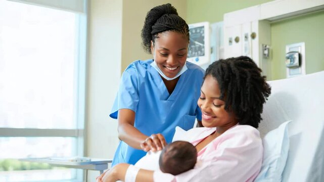 Lactation consultant assisting new mother with breastfeeding in a hospital maternity ward, maternal support and infant care