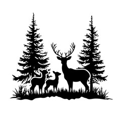 Elegant Deer Family Silhouette: Forest Wildlife Print, Nature Art