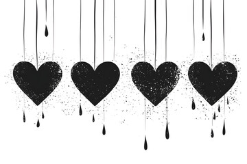Grunge Heart Design: Black Hearts Hanging, Dripping Paint Texture