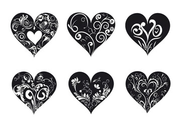 Six Elegant Ornate Hearts: Black & White Floral Designs