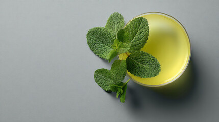 minimalist composition of summer tea with fresh mint leaves set against clean light gray background